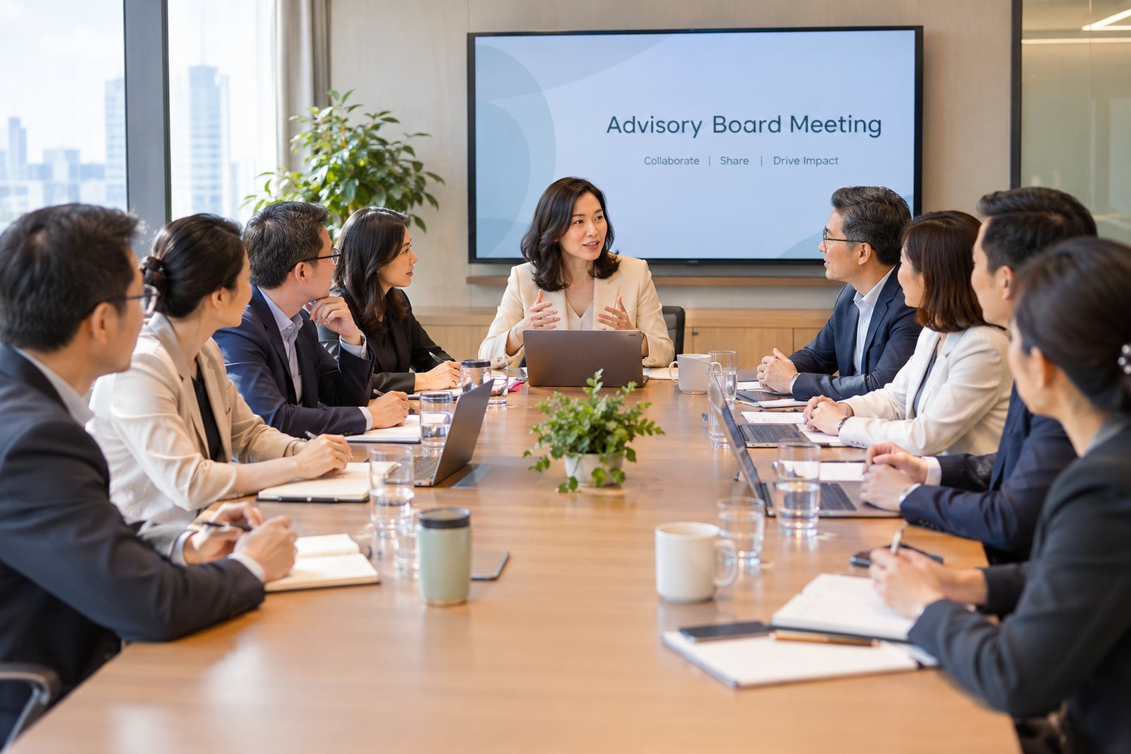 Clinical and medical affairs experts in discussion around a boardroom table at an advisory board meeting.